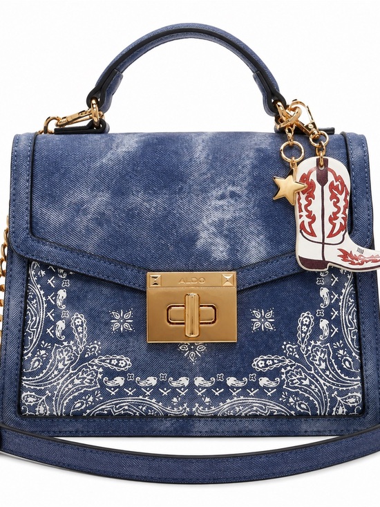 Aldo Handbags - ALDO Denim Look Bandana Print Top Handle Crossbody Satchel Cowboy Boot Charm NWT